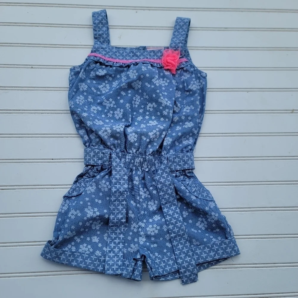 Little Lass Girls Denim Blue Jeans Floral Romper Outfit Sleveless Pink Trim Sz 6